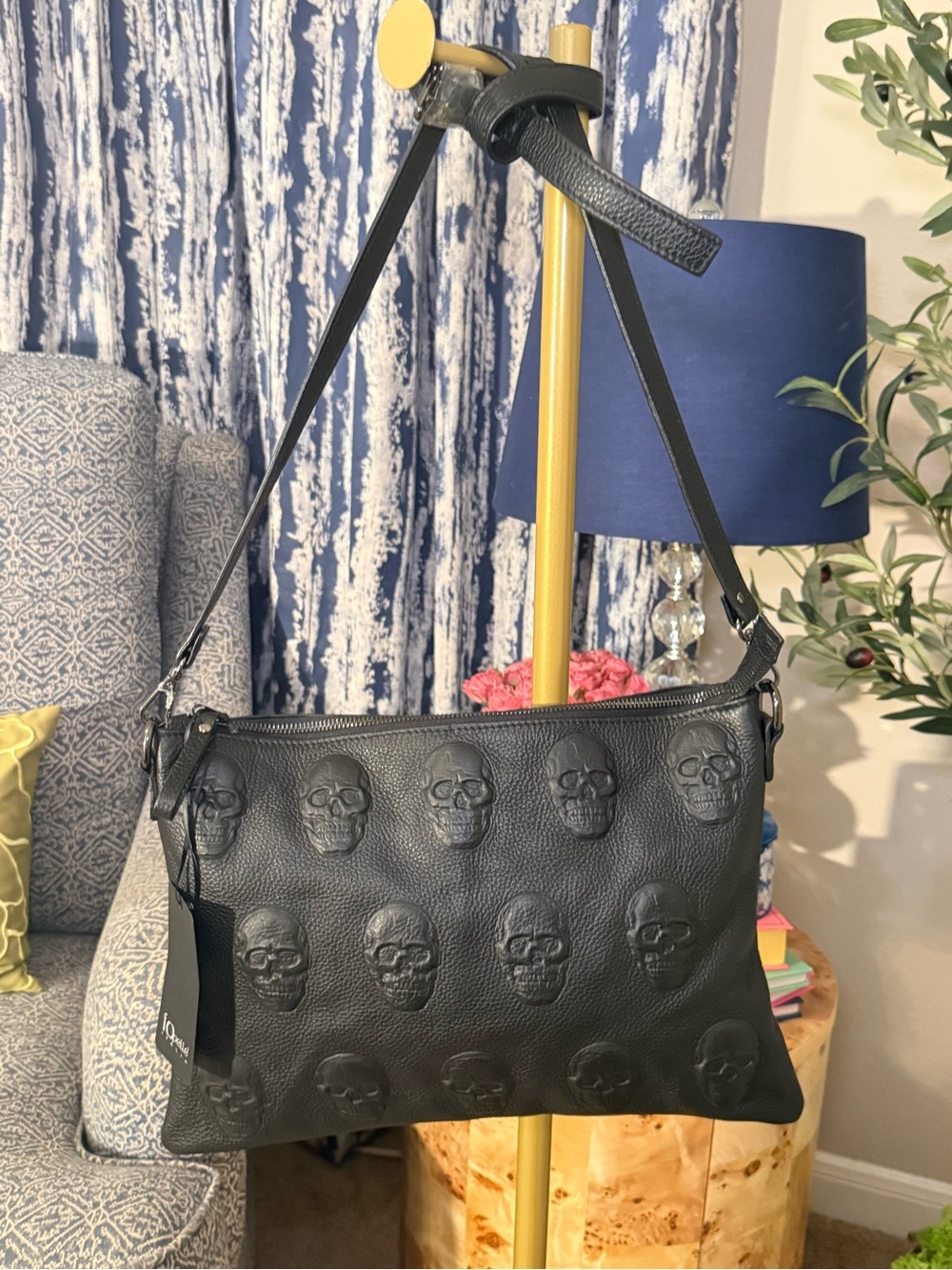 IO Pelle Italia Italian Leather Black Skull Crossbody Purse